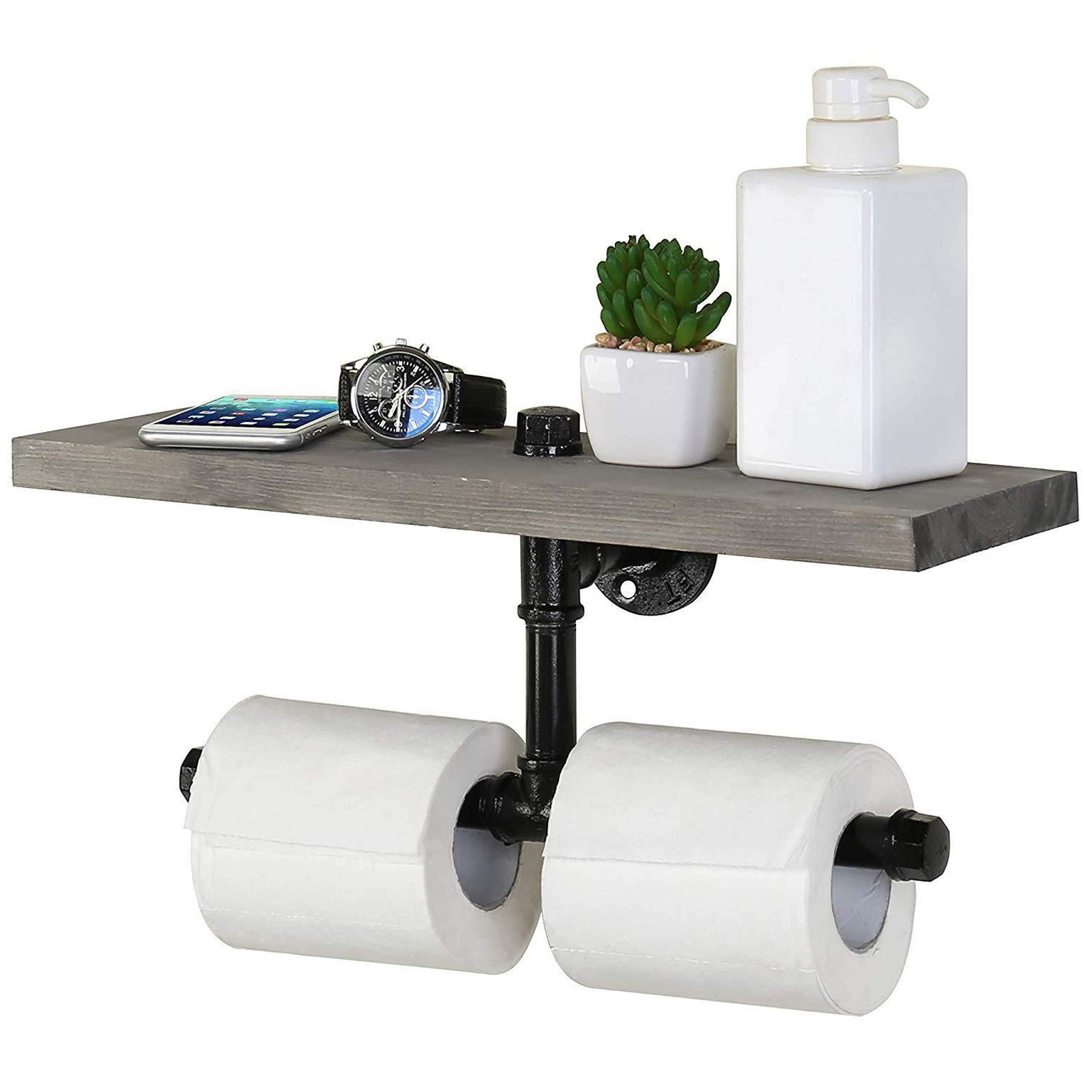 TOPIND Industrial Wall-Mounted Dual-Pipe Toilet Paper Holder, Wall Mounted Toilet Paper Roll Holder with Wood Shelf Storage,for Bathroom,Washroom
