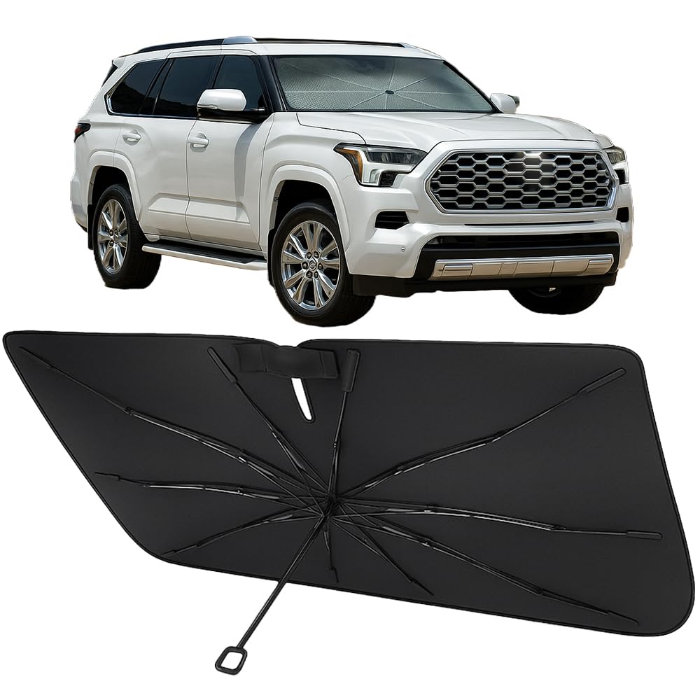 Proadsy Windshield Sun Shade Umbrella for Toyota Sequoia 2023-2026/ Toyota Tundra 2022-2025 2026, Foldable, Soft TPU Handle Spring Structure Crystal Cooling Material Protect Car from Rays &amp; Heat
