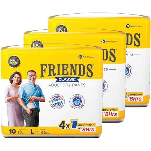 Friends Classic Adult Diapers Pants Style - 30 Count (Large) with odour lock, Unisex, Leakproof, Elastic Waist and Anti-Bacterial Absorbent Core - Waist Size 30-56 inch; 76-142 cm