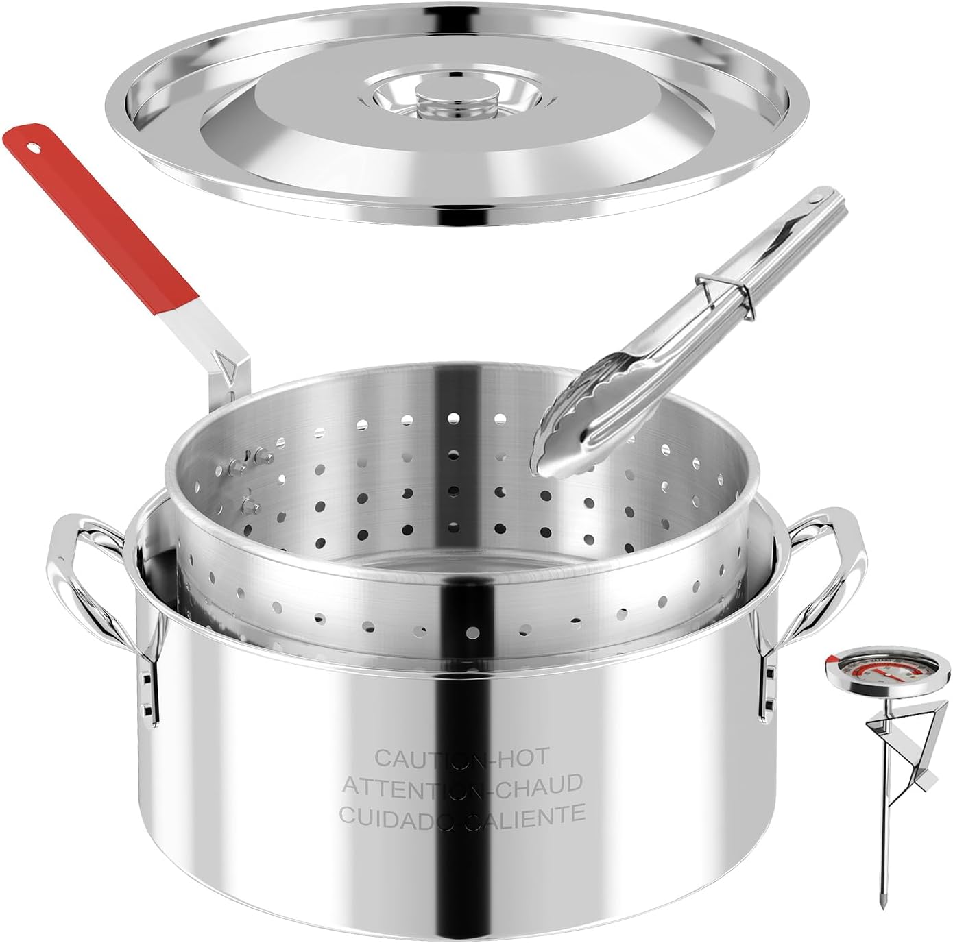 10QT Stainless Steel Deep Fryer with Basket | Fish Fryer | Frying Pot with Lid, Fryer Tong & Thermometer | Not Compatible with Induction or Electric Stoves | Perfect for Outdoor Use | Dishwasher Safe