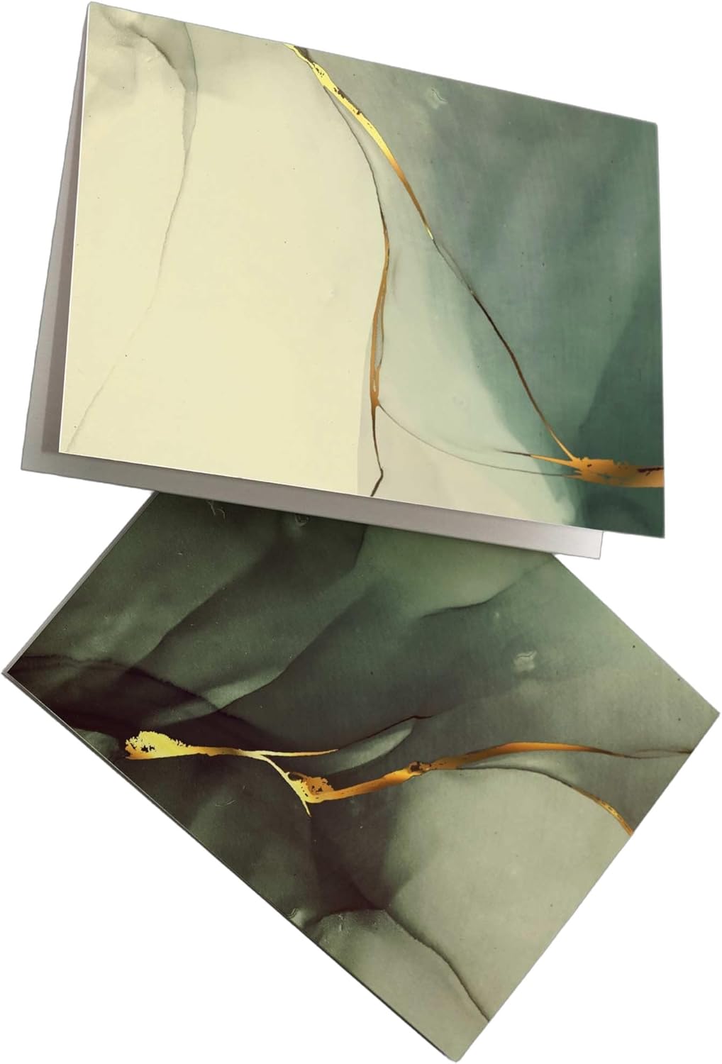 All Occasion Abstract Greeting Cards Boxed Set - 24 Blank Just Because or Thank You Cards w/White Envelopes - Marbled Agate Designs on High-Quality Card Stock by RitzyRose (Green and Gold)