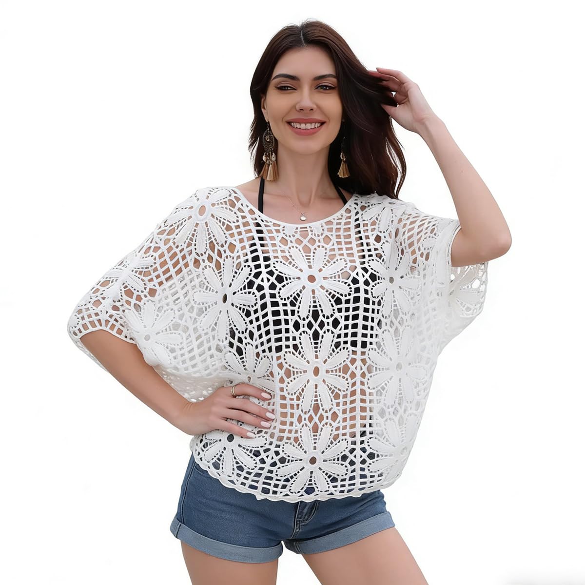 Women's Cotton Hollow Out Floral Crochet Top, Loose Fit Sheer Lace Knit Blouse, Short Sleeve Summer Cover-Up Shirt for Beach, Casual & Vacation Wear