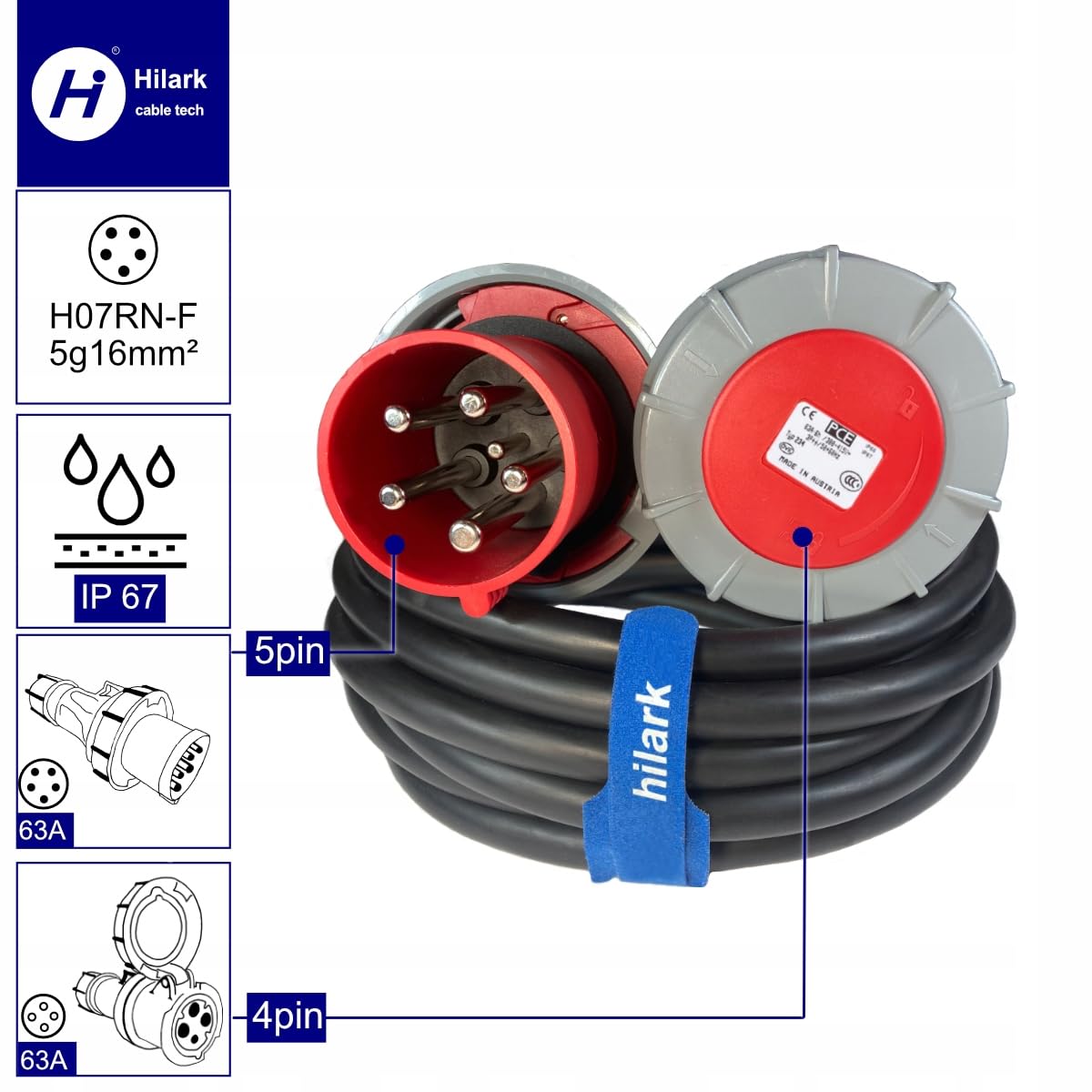 Hilark Cable Tech Przejściówka siłowa 63A, adapter siłowy 5P na 63A 4P IP 67 5M