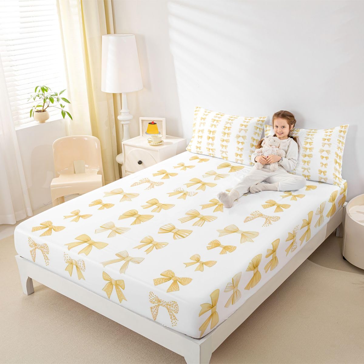 Manfei Sábana bajera ajustable con lazo, juego de ropa de cama de 3 piezas con diseño geométrico de pajarita, sábanas de estilo minimalista con 2 fundas de almohada, decoración de habitación de niños