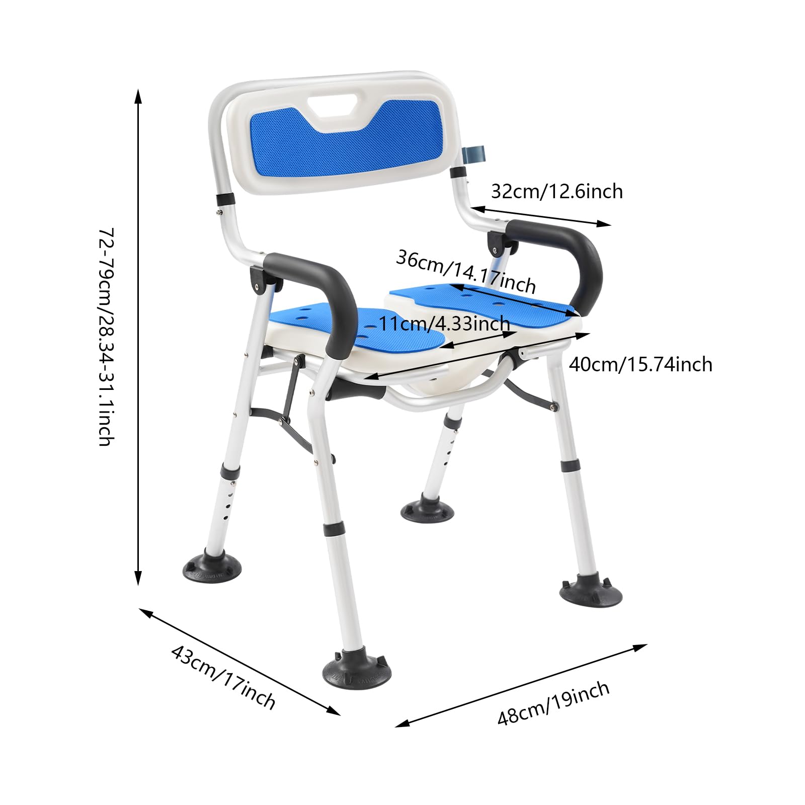 Silla de ducha en forma de U con respaldo y reposabrazos, plegable, antideslizante, altura regulable (72-79 cm), hasta 150 kg, para personas mayores y personas