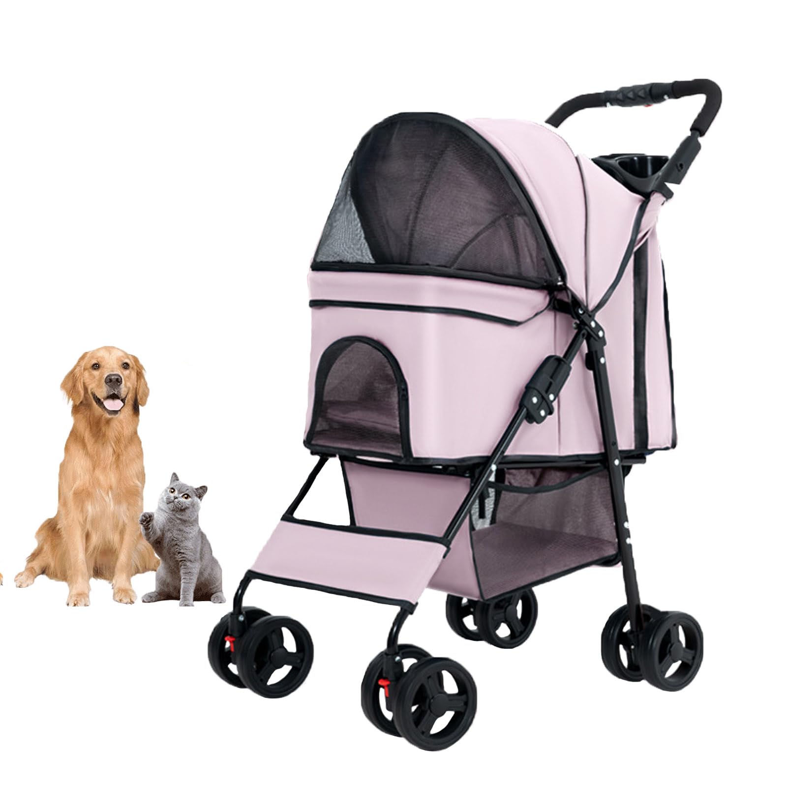YPDOPORA Cochecito para Perros Y Mascotas, Cochecito Plegable para Perros Y Gatos, Carrito para Pasear para Mascotas con Cesta De Almacenamiento Y Portavasos para Perros Medianos Y Pequeños,Rosado