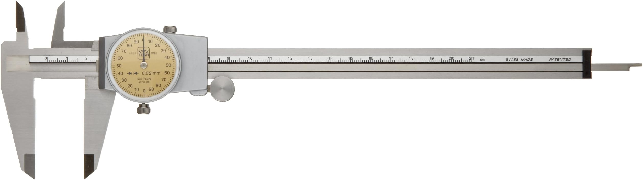 Brown & Sharpe 05.10046 Dial Caliper, Stainless Steel, Yellow Face, 0-300mm Range, +/-100mm Accuracy, 2mm Resolution, Meets DIN 862 Specifications