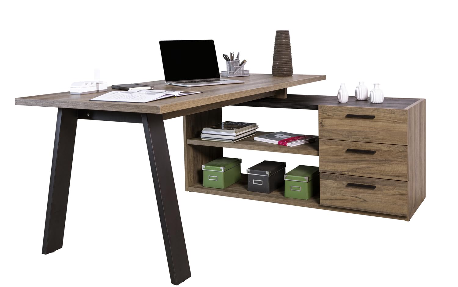 Composad | Ufficio Completo della Linea DAVINCI BRERA, Set di 8 Mobili, Libreria, Vetrina, Cassettiera, Scrivania Angolare, Mobili Ufficio, Colore Noce Brera, Made in Italy