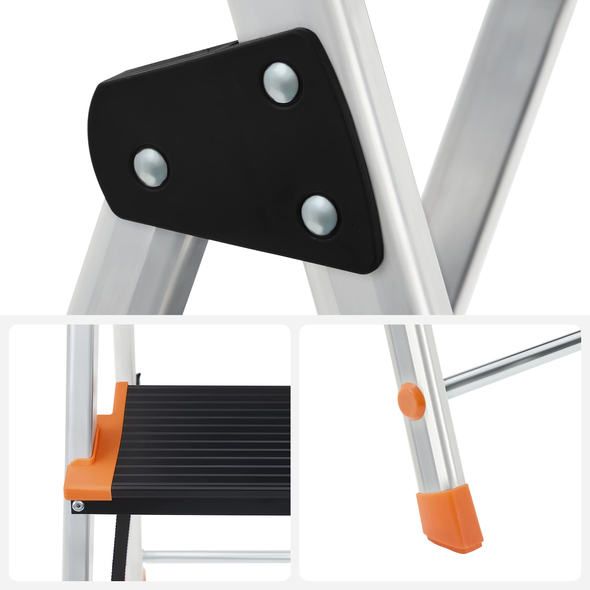 SONGMICS Escalera de 5 Peldaños, Escalera de Aluminio con Peldaños de 13 cm de Ancho, Antideslizante, Carga de 150 kg, Negro y Naranja GLT05BK | Peldaños antideslizantes de 13 cm de ancho, cumple con la norma EN 131, negro y naranja GLT05BK