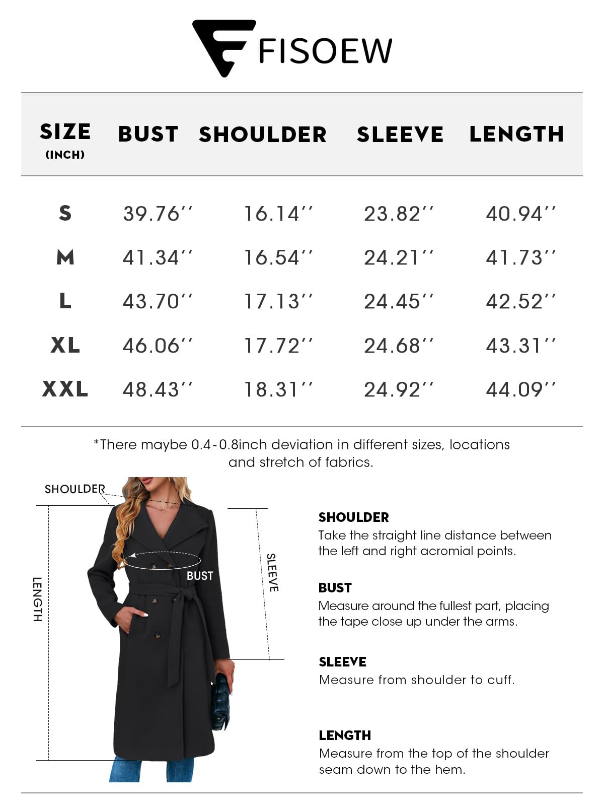 Fisoew Cappotto doppiopetto da donna, lungo, invernale, lavoro, ufficio, soprabito con tasche e cintura