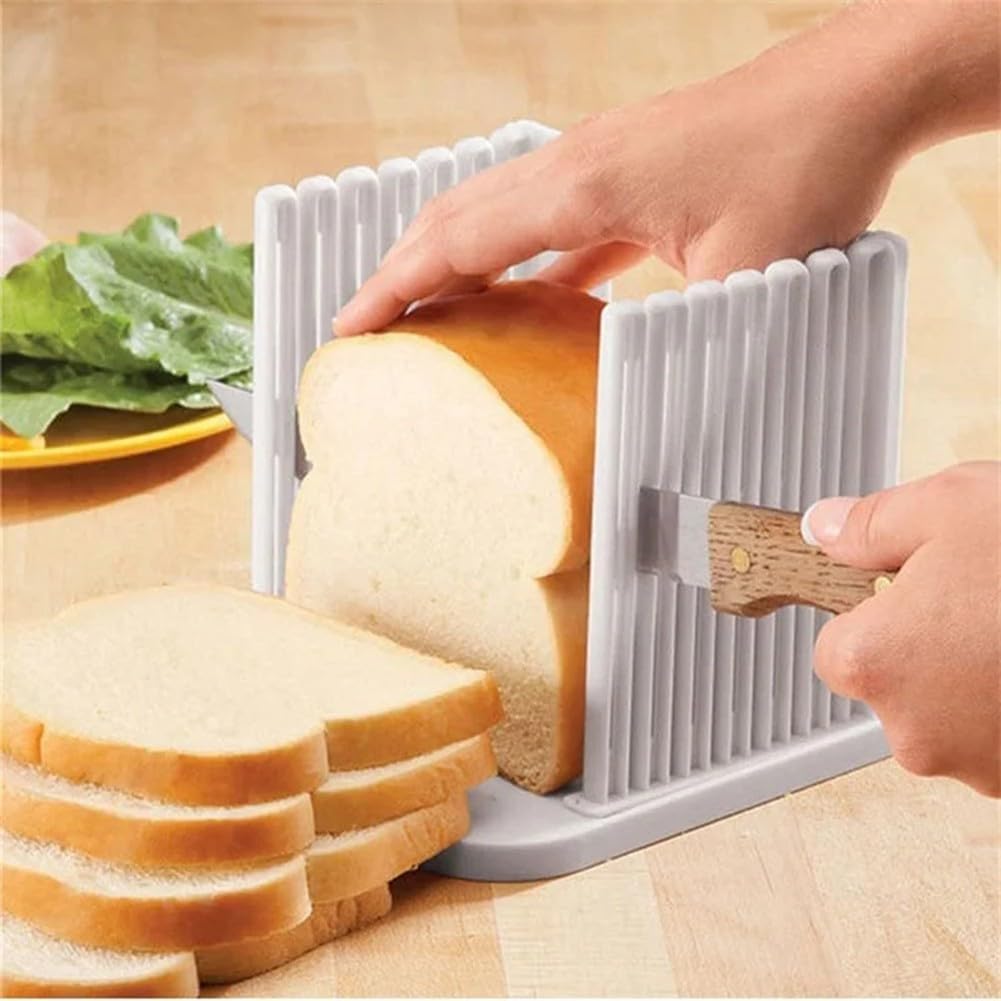 Adjustable Bread Slicer with Crumb Tray for Homemade Bread, Toast, Bagels, Cheese and Vegetables, Foldable Kitchen Cutting Guide Tool - White, 16 x 15 x 14.5cm