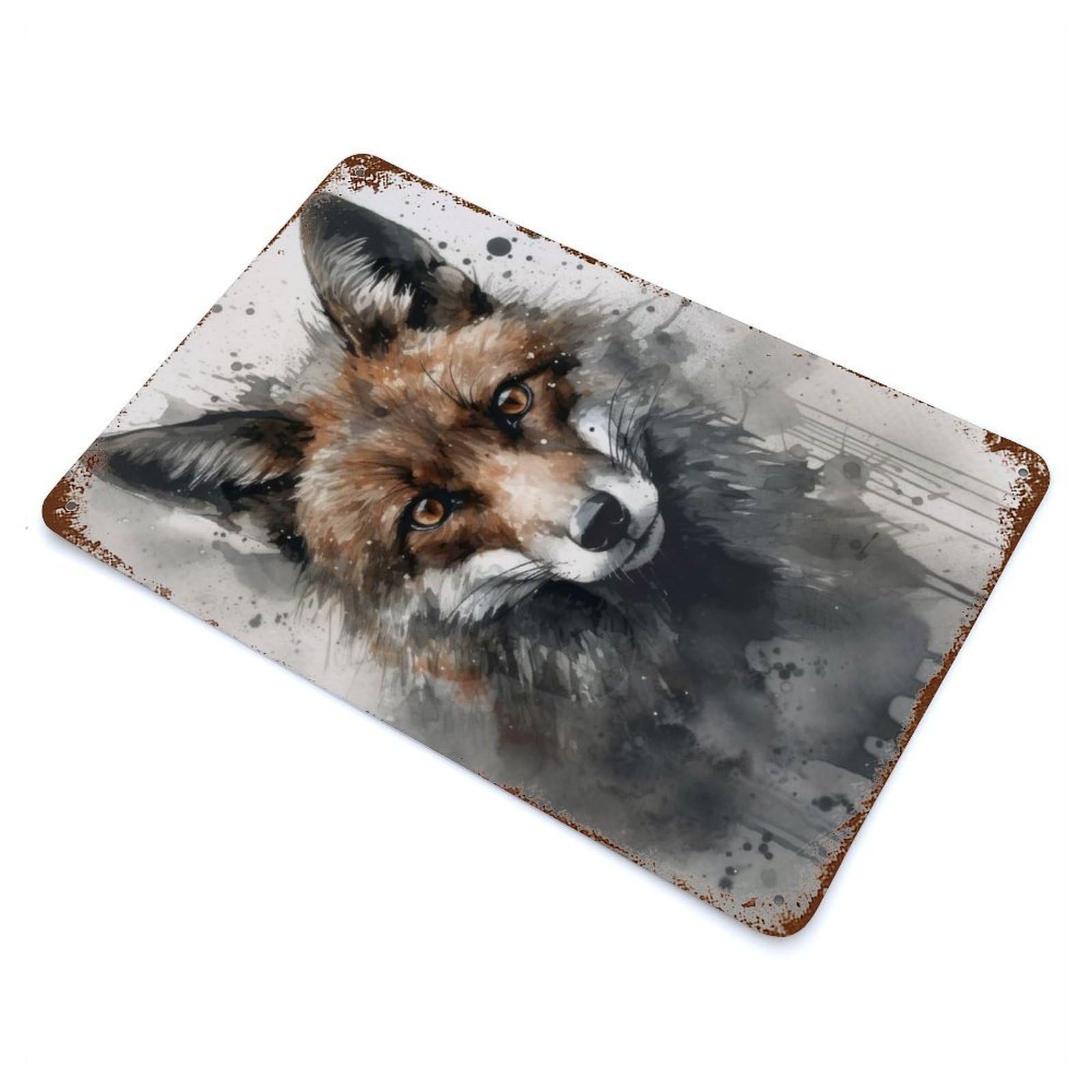 Rust Effect Fox Wild Charm Watercolor Aged Metal Wall Plaque 11.8"x7.9", Rustic Home Decor for Bistro, Counter And Cafe Decor