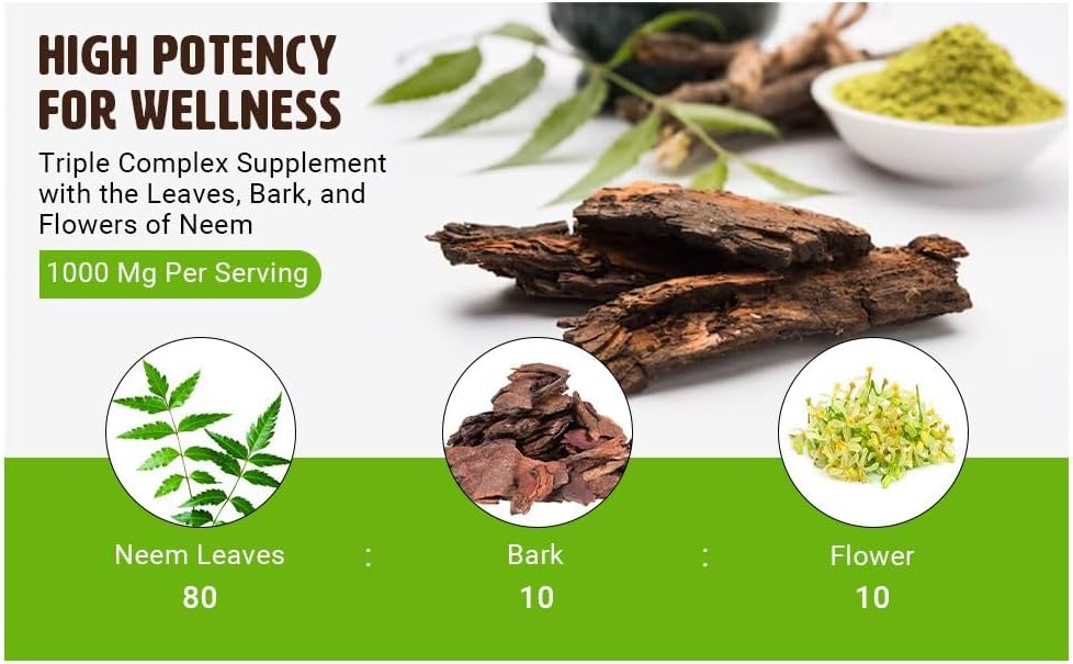 Miniatura 6 de Neem Triple Complex - Cápsulas de Azadirachta Indica de alta potencia, hojas de neem, corteza, flores en proporción (801010) - 180 cápsulas, 90