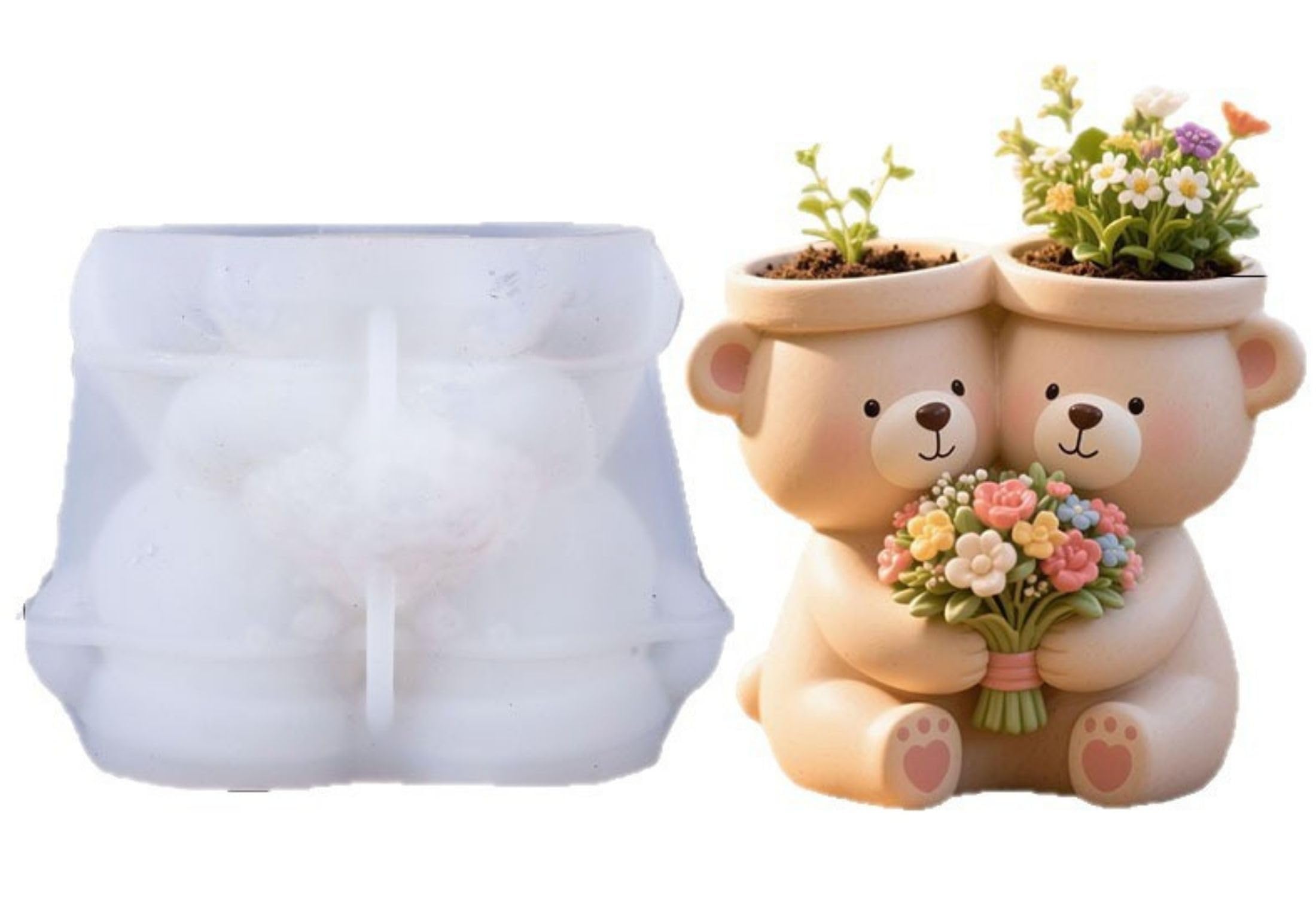 SNOOGG Silicone Mold Double Teddy Bear Planter Holding Flowers Design for Eco Resin Crete Casting DIY Succulent Pot & Home Decor Craft Mold-image-30