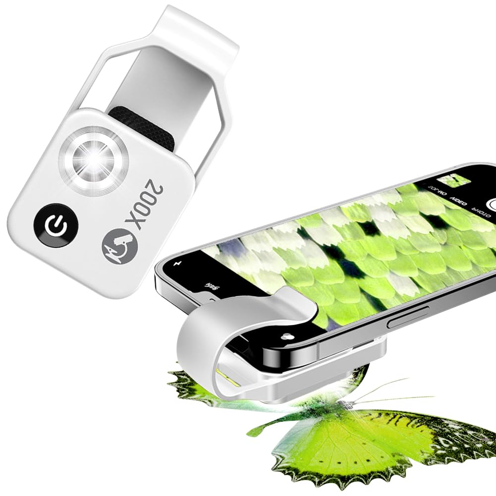 BIGFOX Microscopio de Teléfono con Luz LED, Portátil Microscopio HD 200X con Filtro CPL e Clip Universal para 99% Smartphone Niños y Adultos Exploran el Microcosmos(Plata)