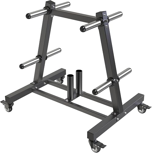 SELEWARE Olympic Weight Plate Tree Rack, 650LB Plate Storage with 8 Pegs, 2 Barbell Holders & Locking Wheels