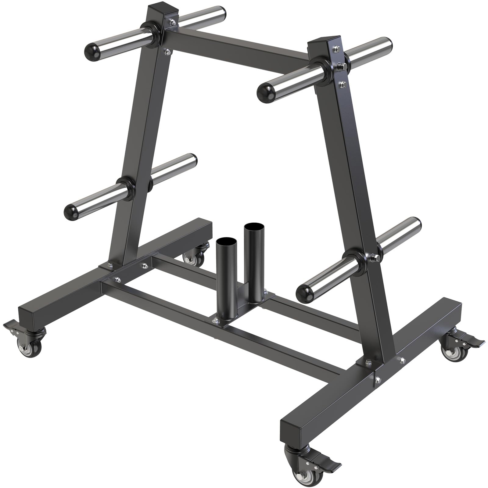 SELEWARE Soporte olímpico para discos de peso con 8 clavijas de peso y 2 soportes para barras, organizador de almacenamiento de gimnasio de acero resistente con ruedas de bloqueo para platos y barras