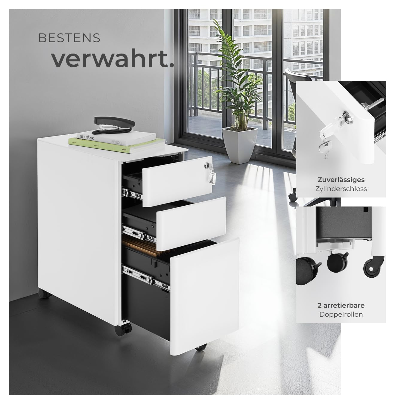 tectake® Büro Metall Aktenschrank mit Rollen, abschließbare Kommode mit Schubladen für Schreibtisch, Rollcontainer, Schubladenschrank, Organzier, Rollwagen Schrank abschließbar (weiß)