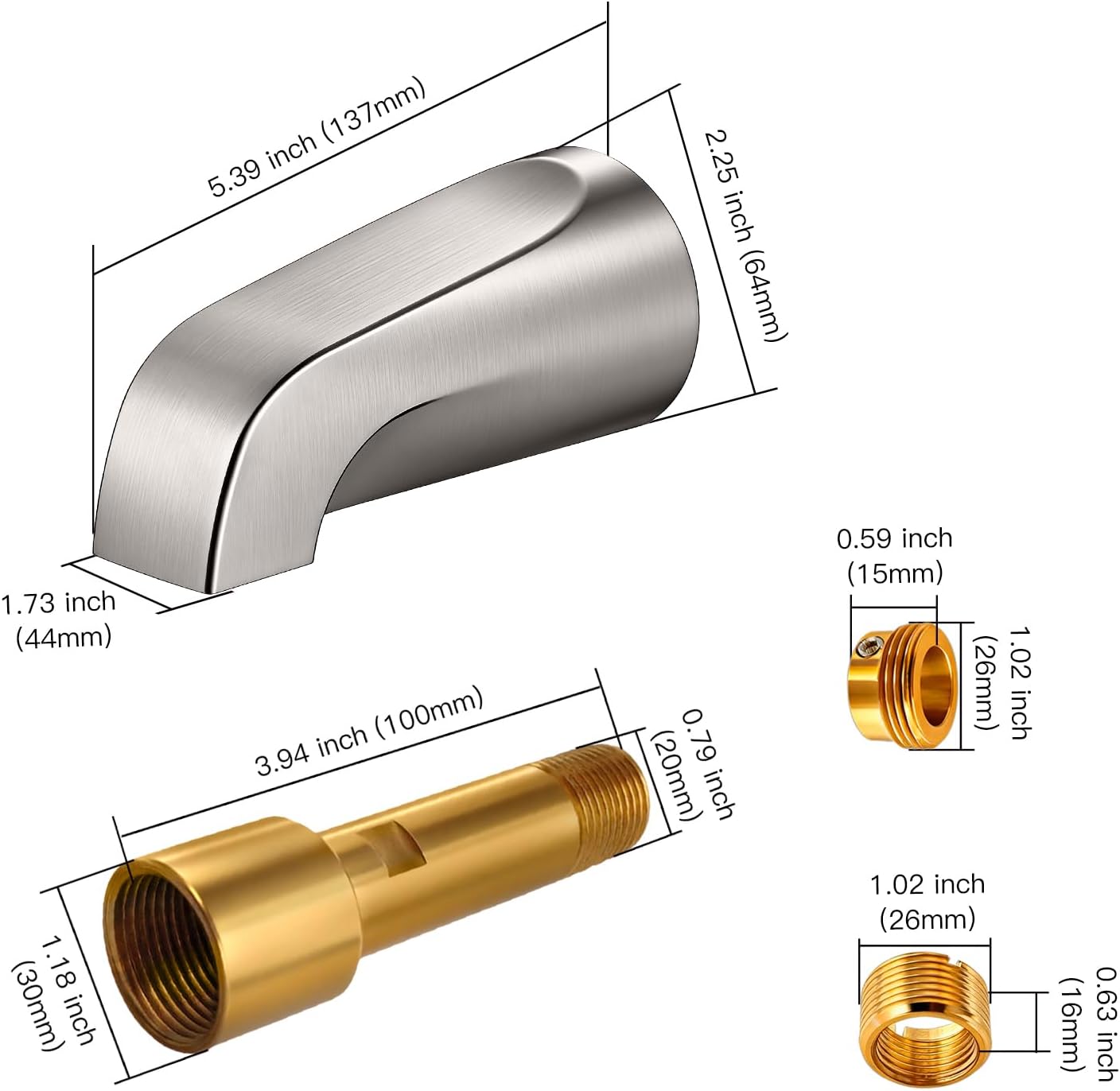 Bathtub Spout Without Diverter, All Metal,5.3 Inch Tub Spout, Fits 1/2" Copper Slip-On and 1/2" or 3/4" IPS Threaded Pipes, Leak-Free, Slip Fit Tub Spout Without Diverter，Brushed Nickel