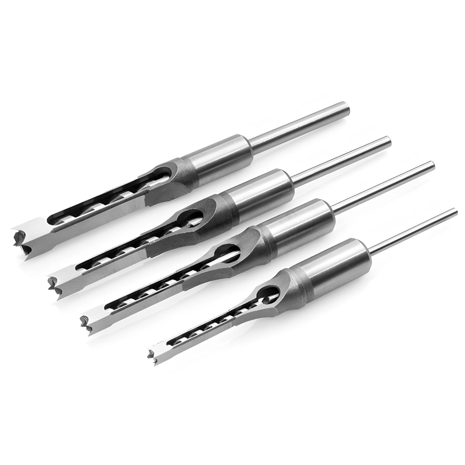 Lot de 4 mèches à mortaiser à trou carré, ciseaux creux en acier pour machines à mortaiser, forets HSS pour assemblages précis du bois, 1/4, 5/16, 3/8 et 1/2 po