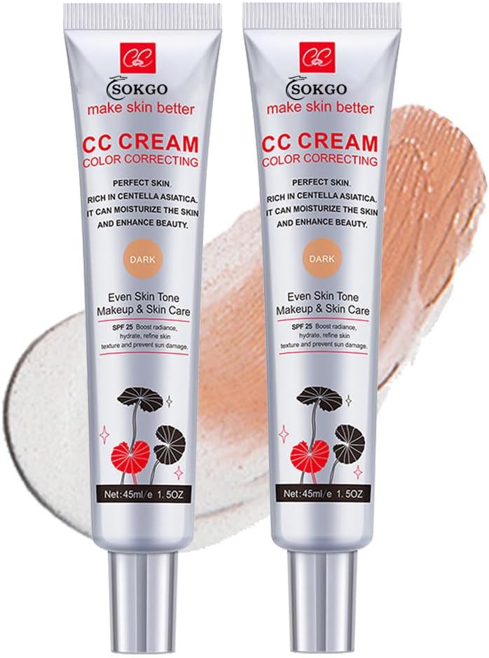 Color Correcting CC Cream with SPF 25, Coverage Lightweight Foundation, Hydrating Serum, Even Skin Tone Makeup and Skin Care, Boost Radiance, Refine Skin Texture, Avoid Sun Damage (2PCS Dark, Large)