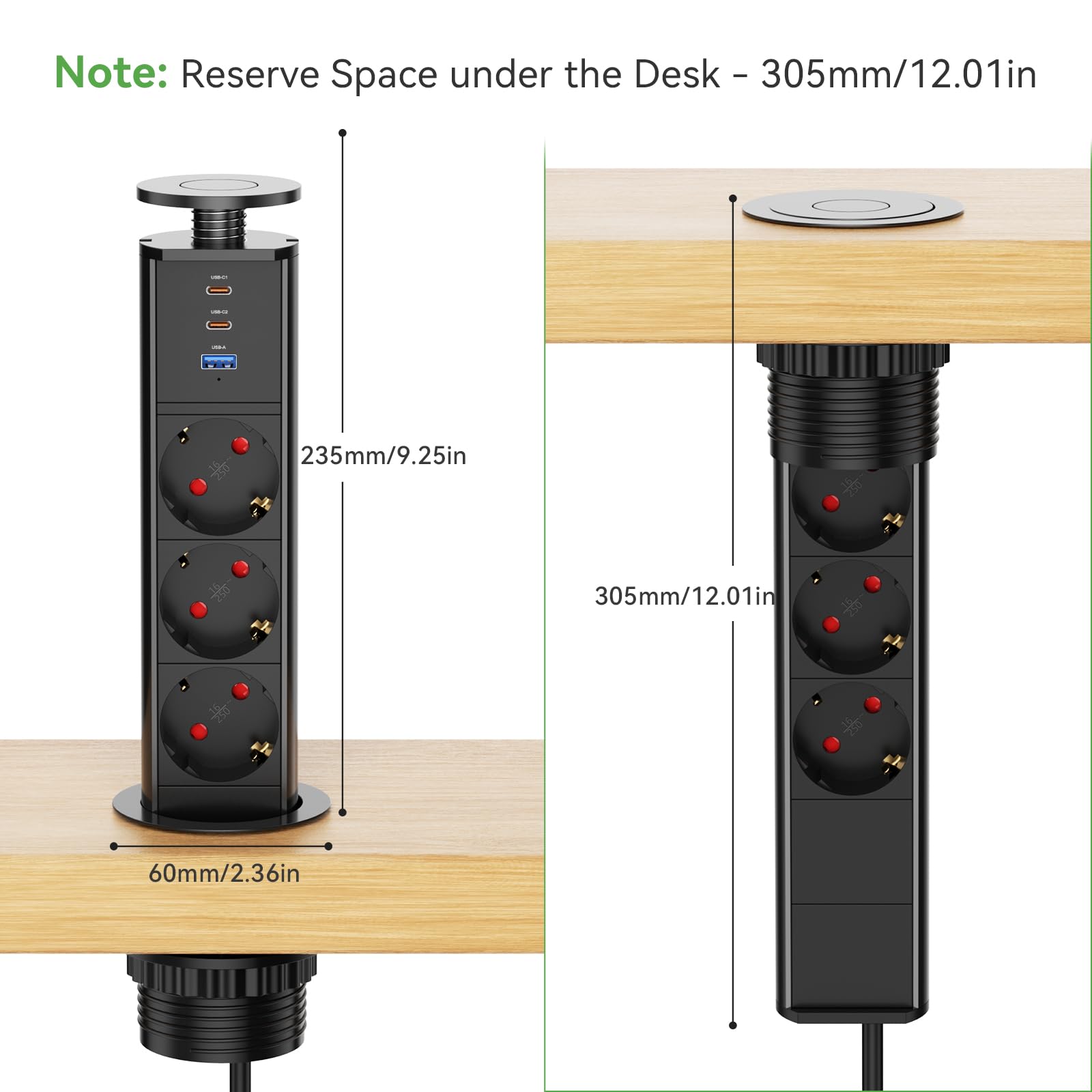 HANNELORE Presa da tavolo retrattile USB C, presa da tavolo a 3 vie con 2 USB, presa multipla integrata per piano di lavoro, ufficio, cucina, officina, cavo da 1,8 m, 4000 W/16 A, nero