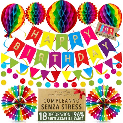 Decorazione Compleanno Premium Riutilizzabile Multicolore – Buon Compleanno Decorazioni, Pompon Colorati, Striscione Happy Birthday, Bandiere e Stelle Filanti di Carta per Bambini, Bambine e Adulti