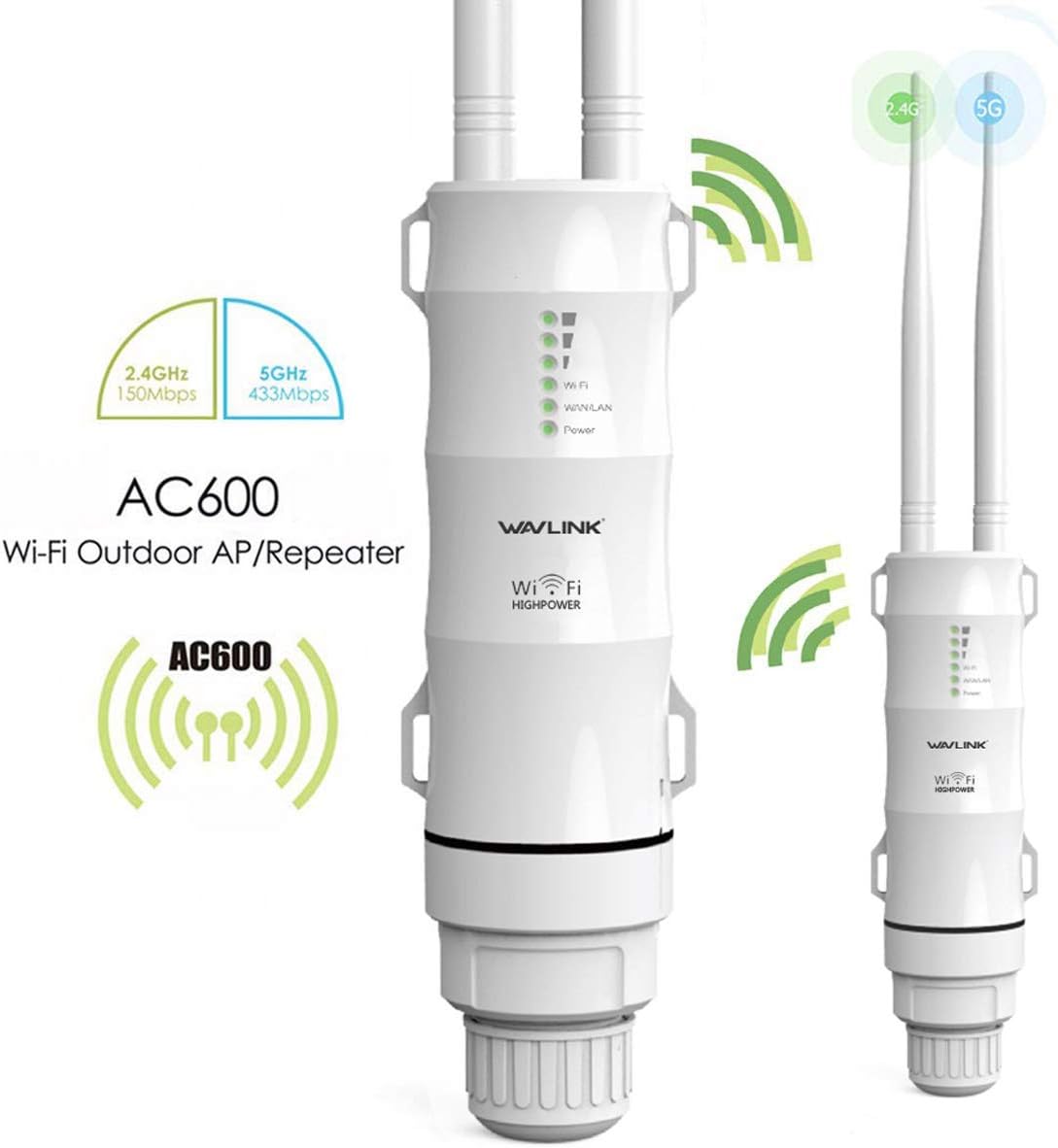 Wavlink AC600 Wireless Outdoor WiFi Signal Booster,Access Point/Outdoor Router/Repeater/WISP,Support Passive PoE, Dual-Band 2.4GHz 150Mbps + 5GHz 433Mbps, Ideal for Garden Wi-Fi