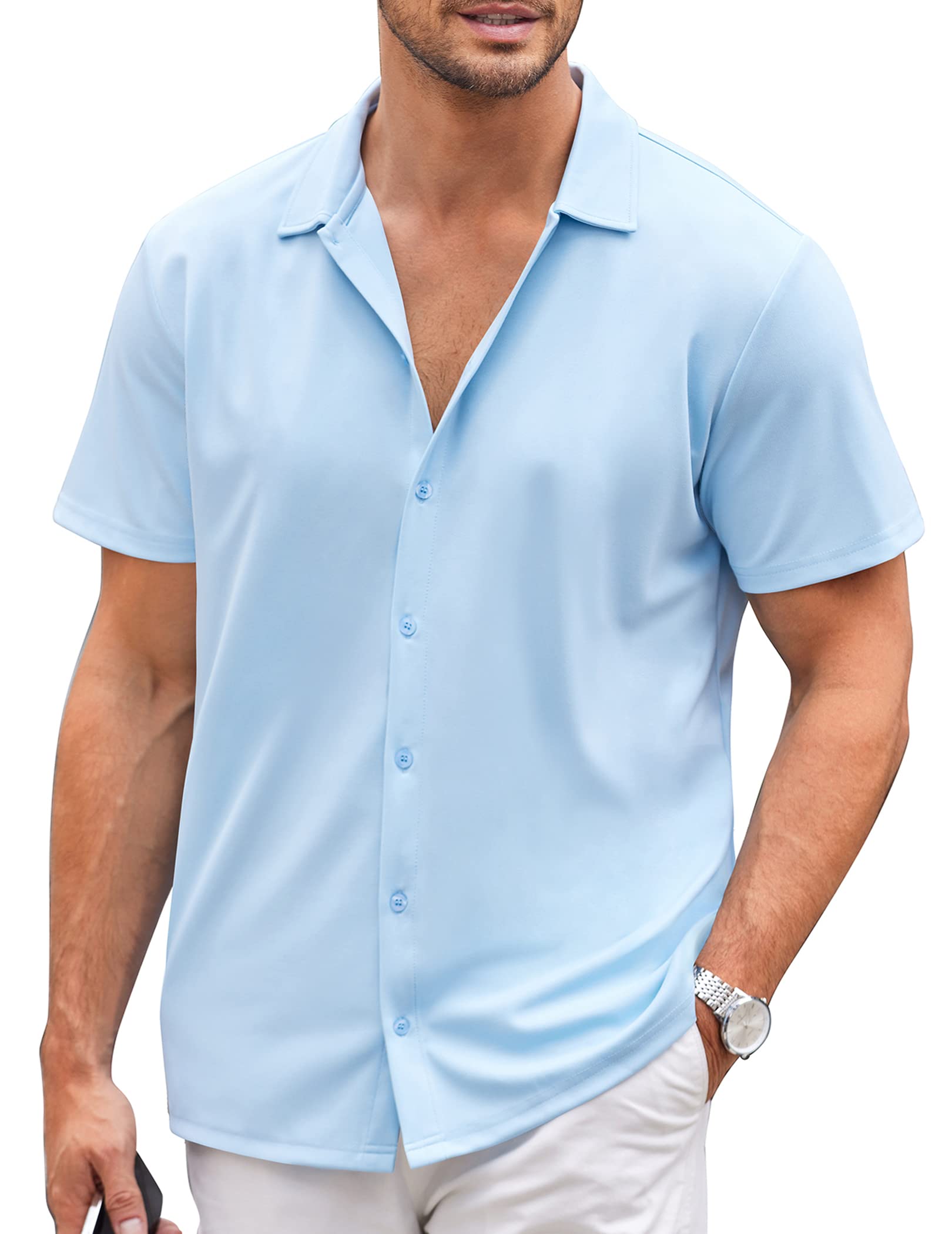 COOFANDY Camisa de manga corta para hombre, sin planchado, informal, con botones, para el tiempo libre, para la playa, monocolor, verano, vacaciones, camisas