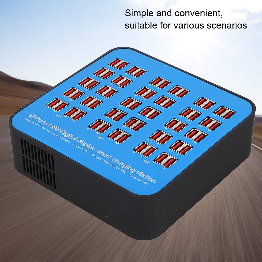 Inteligentna stacja ładująca USB, 3-kanałowa, 100 W, niezależne prądy, stacja USB, organizer, 60 portów, ładowarka USB, PC, ABS, ognioodporna, 300 W (UE)