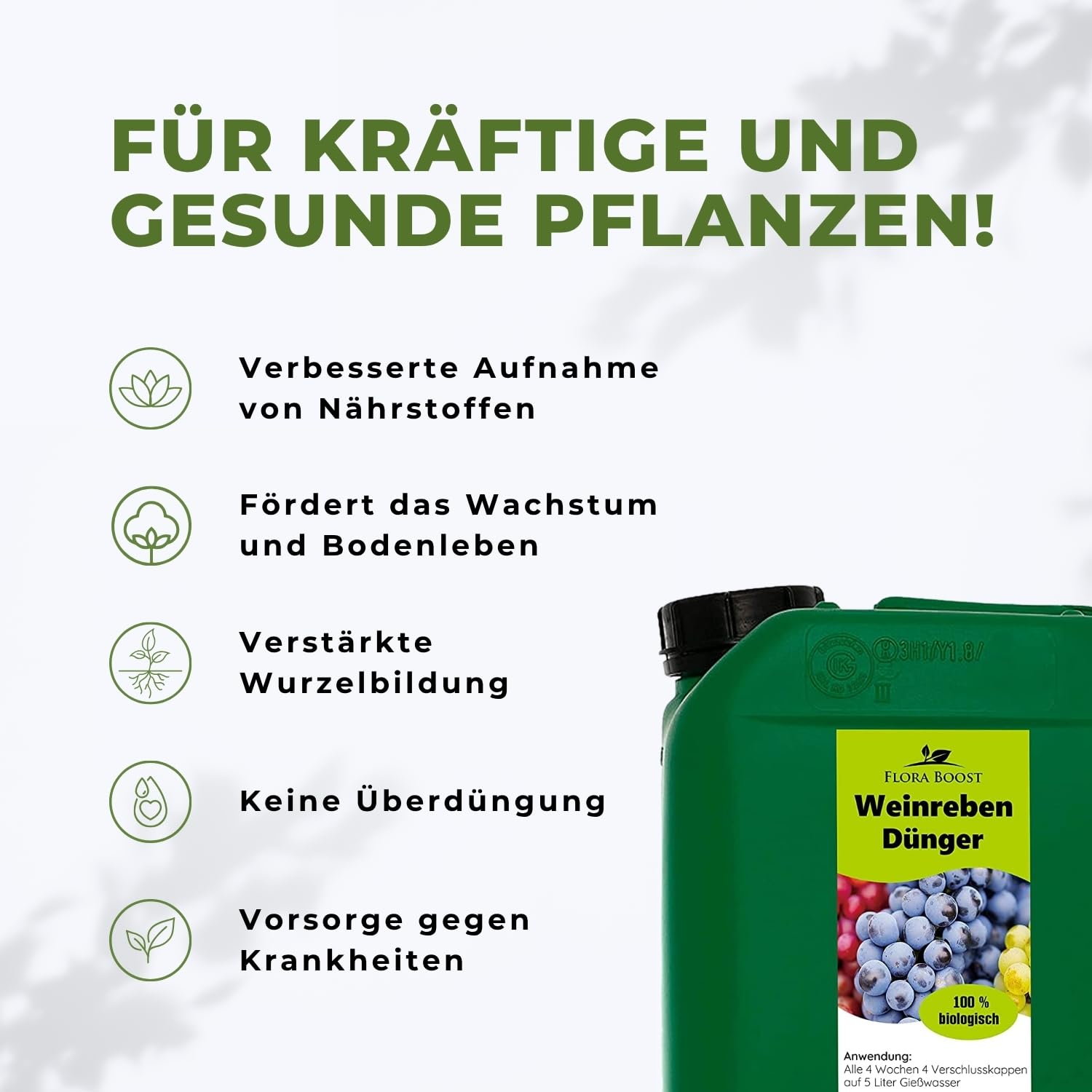 Flora Boost Weinreben Dünger Flora Boost 5000ml I Für bis zu 1000L Gießwasser I Für gesunde Weinreben & Schutz vor Mehltau I Flüssiger Blatt- & Wurzeldünger I 100% natürlicher Pflanzendünger