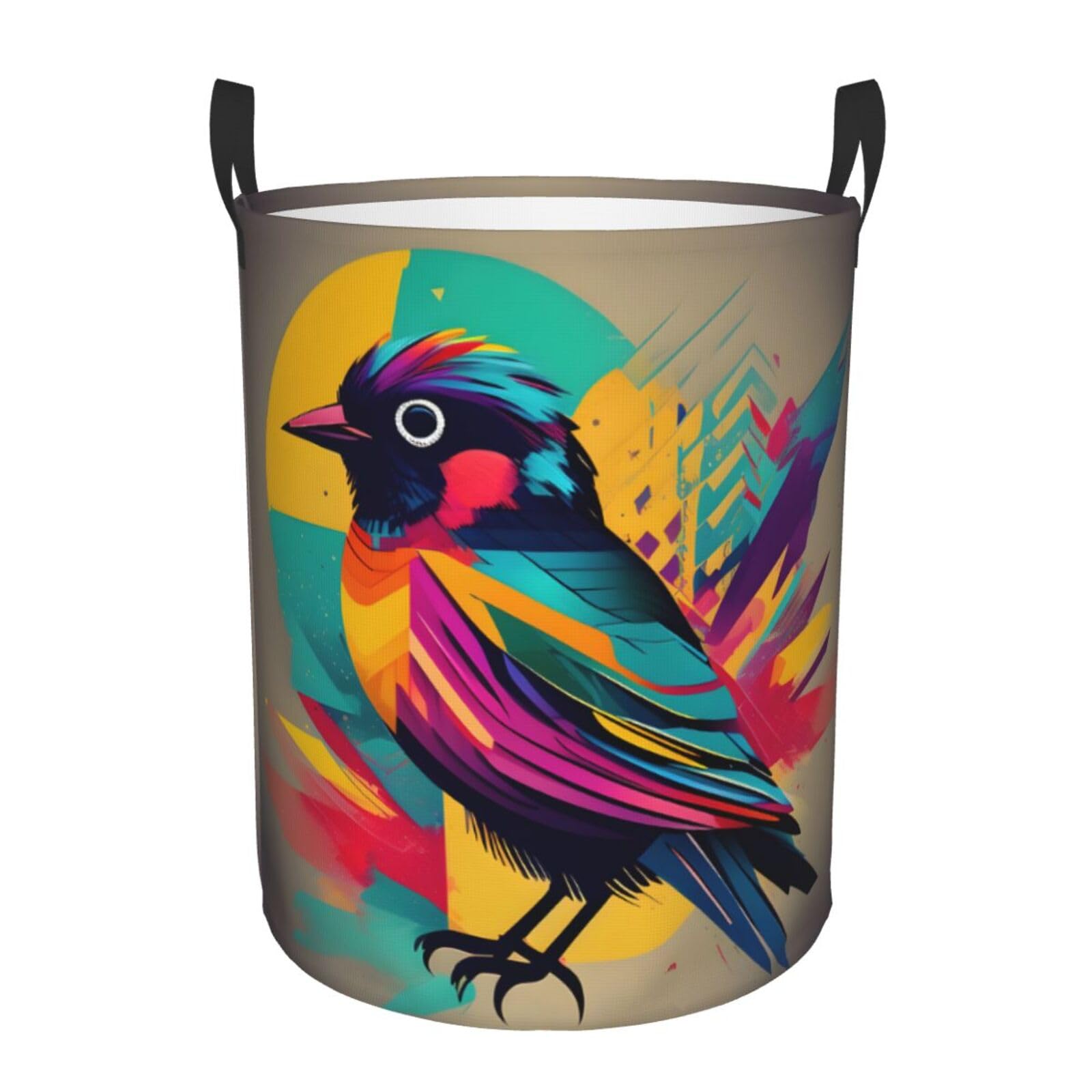M Collapsible Round Colorful Bird Print Laundry Hamper
