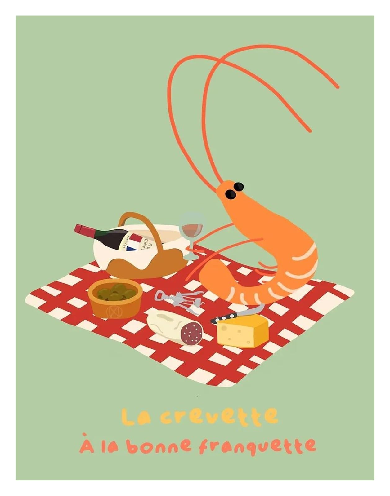 BYAMBD Aesthetic Pictures Funny Shrimp French Picnic Posters Prints Whimsical Cowshrimp Of The Old Wild West Canvas Painting Wall Pictures Home Room Decor