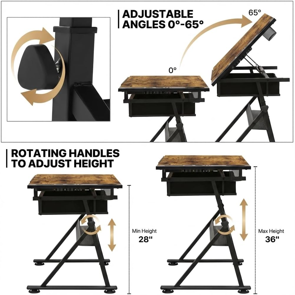 Drafting Table with Storage & Stool: Adjustable Tilting Art Desk, 2 Drawers, Height Adjustable Craft Table for Drawing, Painting, Home Office (Rustic Brown)