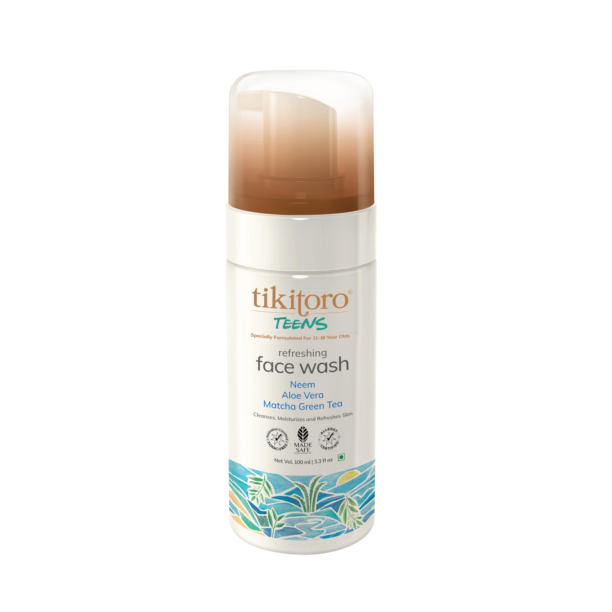 Tikitoro Refreshing Face Wash for Teens 100% Vegan Neem, Aloe Vera, Matcha Green Tea Extract, Cleanses, Moisturizes & Refreshes the Skin, No Parabens & Sulphates, All Skin Types (Age: 11+) (100 ml)