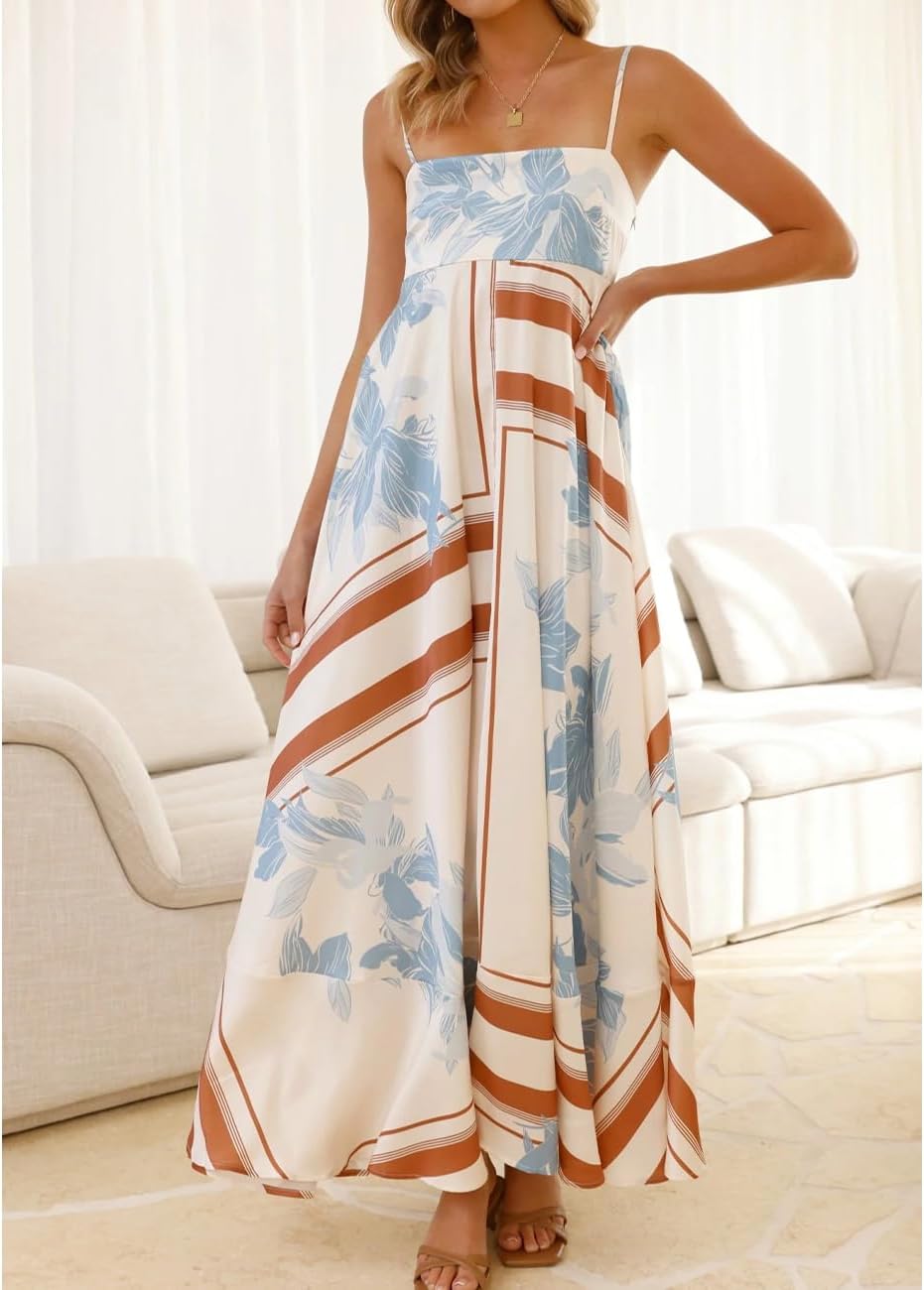 Women Summer Beach Boho Spaghetti Strap Smocked Floral Maxi Dress Casual Loose Flowy A Line Print Long Dress - Image 4