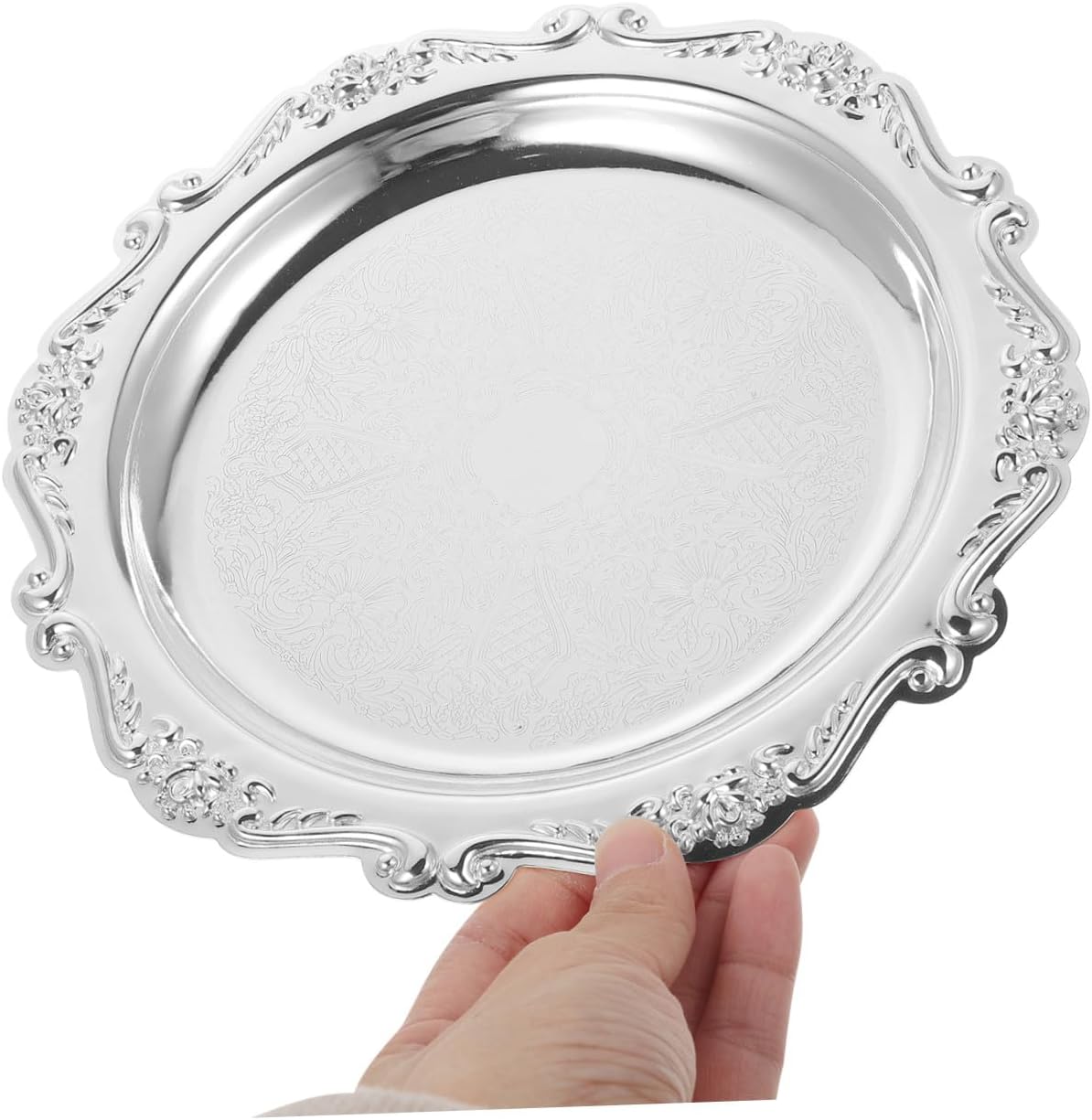 Kichvoe Round Platter Serving Tray Decorative Plate Metal Ottoman Dish Coffee Table Perfume Tray Dessert Plate Jewelry Storage Organizer for Kitchen Bathroom Silver- 7.86Inch