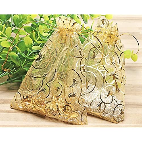 Image of DMS RETAIL Printed Organza Bag Pouches|Organza Return Gift Bags|Drawstring Pouches For Wedding| Jewelry Gift Bags for Party Golden Pack Of (20)