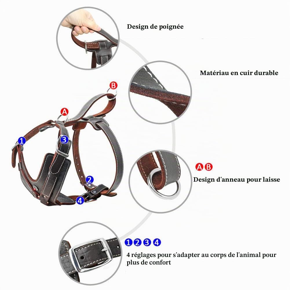 Harnais pour chien en cuir véritable, durable, réglable, pour grands chiens, contrôle rapide avec poignée, accessoire pour animaux de compagnie pour labrador K9, taille L