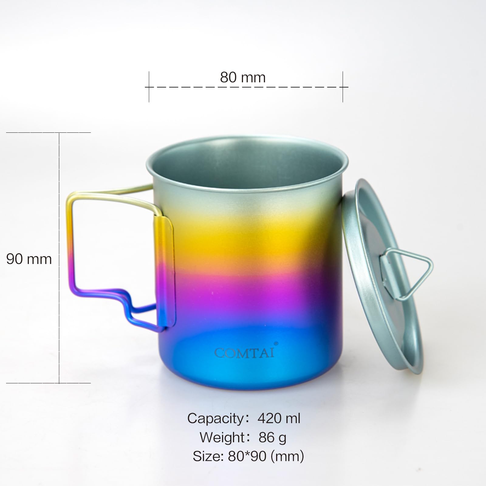 COMTAI Titanium Pot, 420ml/15 oz Mug with Lid and Foldable Handle, Outdoor Titanium Cup for Hiking Camping Cooking-Rainbow