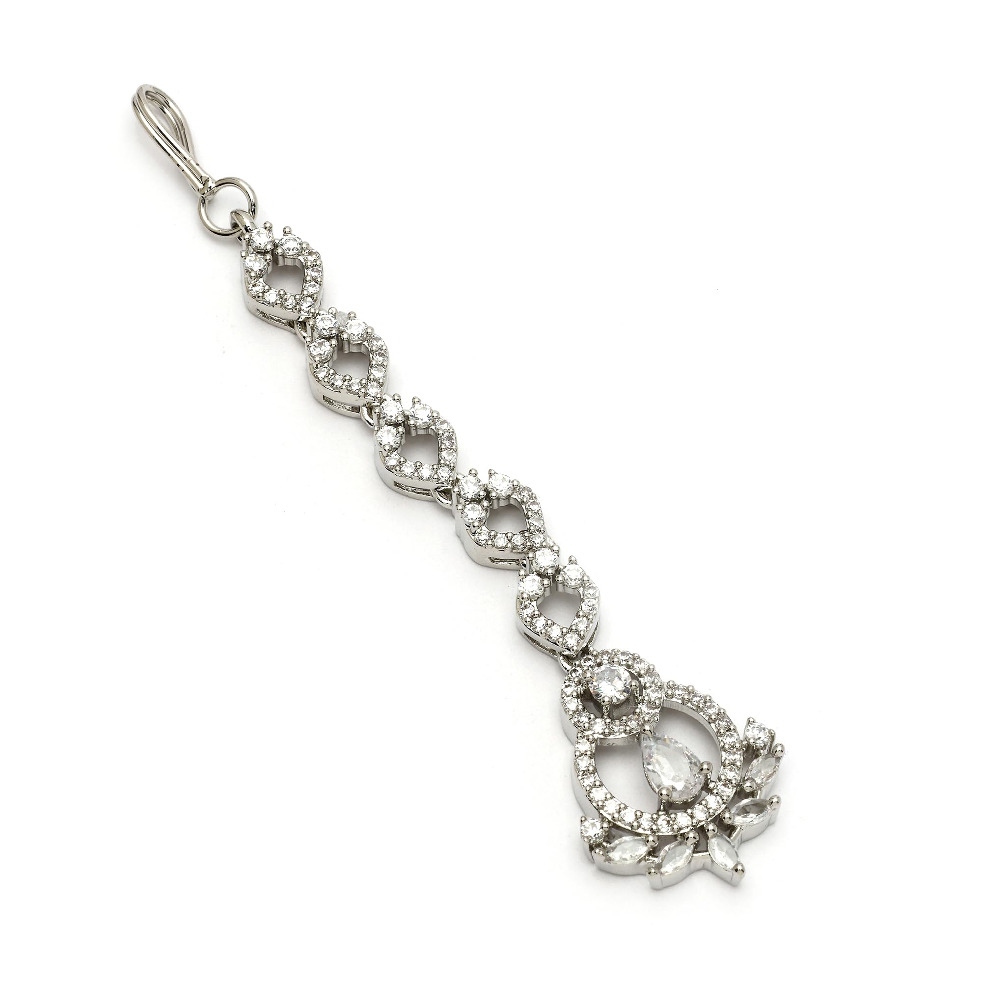 zeneme Rhodium Plated Silver Toned Cascaded American Diamond Crystal Mangtikka For Women & Gifts For Girls-picture-35