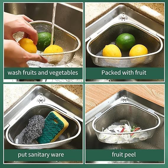 Storn 1 Pcs Stainless Steel Sink Corner Strainer – Triangle Drainer Basket for Kitchen Waste, Vegetable, Fruit & Food Catcher | Multifunctional Kitchen Sink Strainer 3
