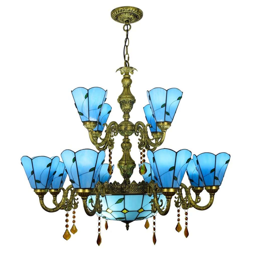 FYZDLAOR 12+1-Light Chandelier,with Leaf Pattern Blue Lampshade Pendant Light Light Fixtures,Tiffanystyle Stained Glass Hanging Light Wide 36 Inch with Crystal Pendant