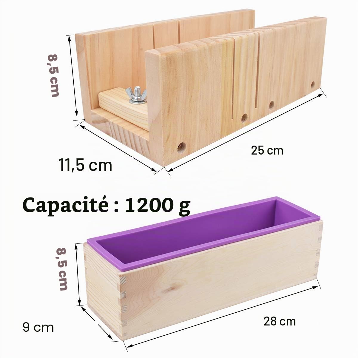Moule à savon en bois et ensemble de coupe - 2 pièces de moule rectangulaire en silicone de différentes tailles et 1 pièce de coupe droite en acier inoxydable et coupe-vague