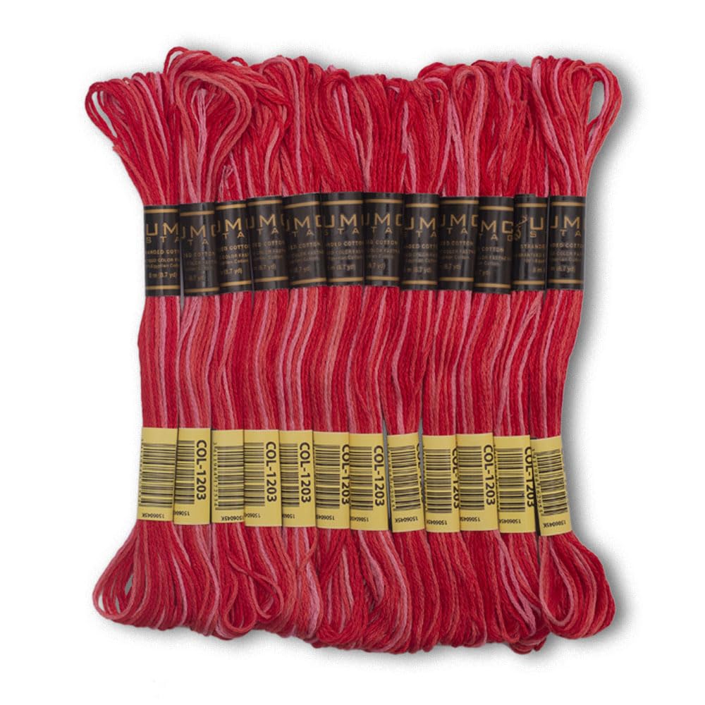 Pack of 12 Premium Embroidery Thread | 100% Egyptian Cotton Premium Skeins | Cross Stitch Embroidery Floss | Oeko TEX Certified | Ideal for Arts &amp; Crafts (Red Variegated 1203)