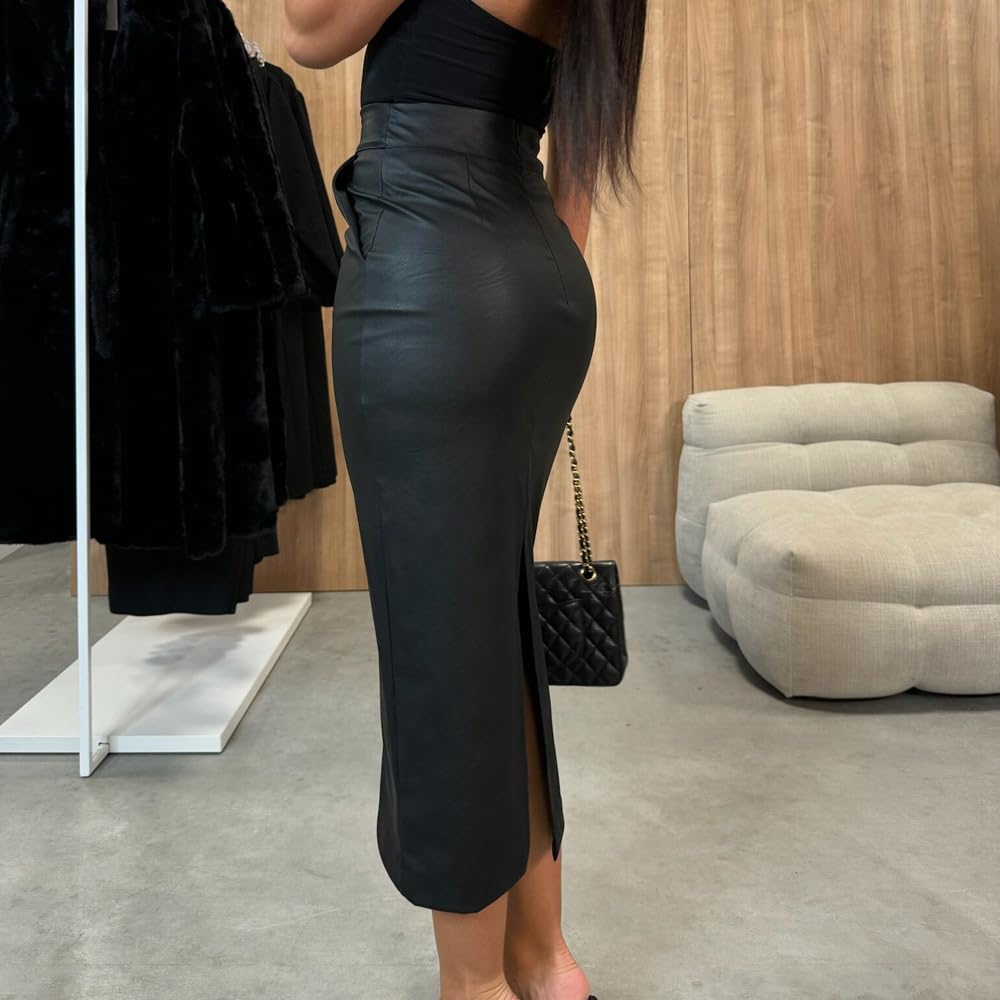 utcoco Jupe longue moulante en similicuir avec poches pour femme Taille haute