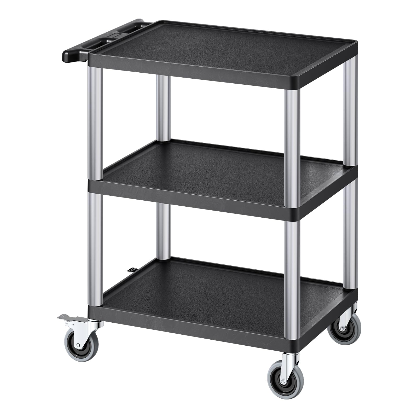 VEVOR Carro Multiusos, Carro de Servicio de Plástico Resistente de 3 Estantes 695 x 460 x 825 mm con Ruedas Giratorias de 360° (2 con Frenos), Carga de 136 kg, para Almacén, Garaje, Negro