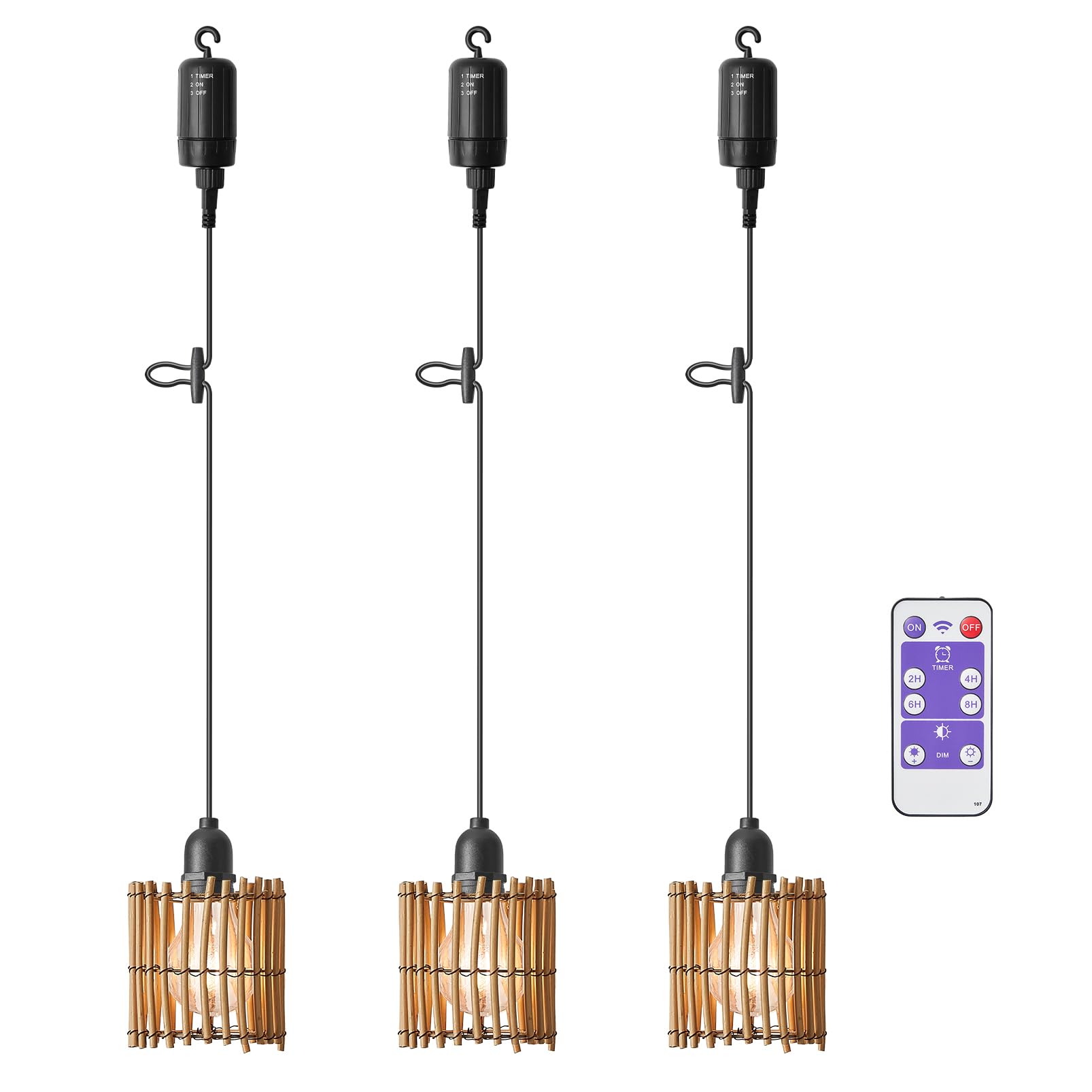 YOODI 3 Piezas Lampara Techo Colgante Exterior Impermeable Lámpara Techo Ratan Boho Vintage Portátil Interior Regulable con Batería Control Remoto Para Cocina, Dormitorio, Camping，Jardín