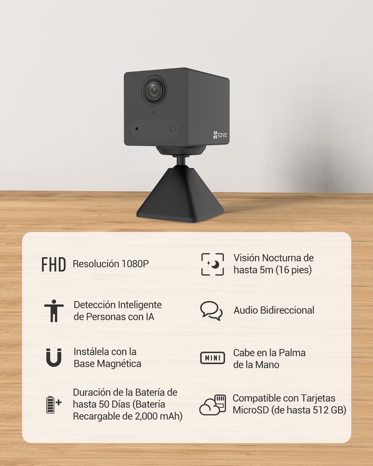 EZVIZ Camara Vigilancia WiFi Interior sin Cables, 1080P Cámara Batería 2000 mAh, Detección de Movimiento Humano PIR, Visión Nocturna Infrarroja, Audio de 2 Vias,Soporta Tarjeta SD hasta 512GB,CB2
