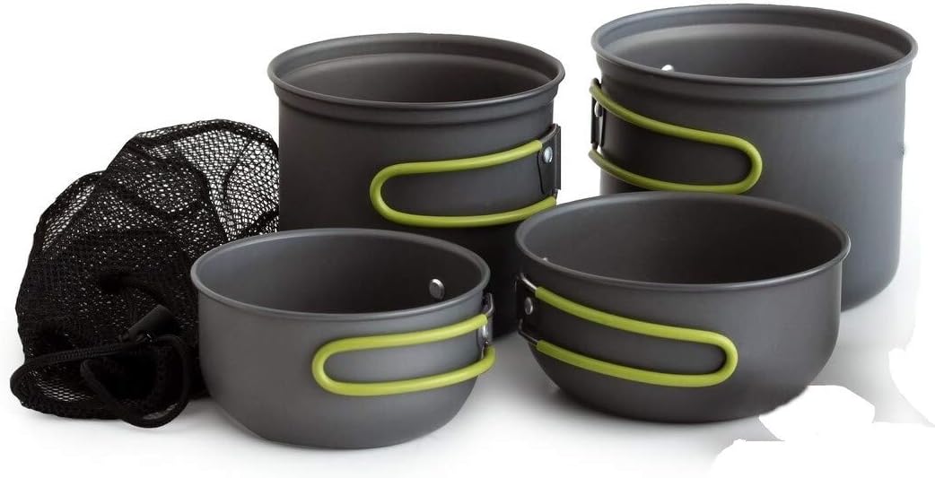 Volcano Outdoors Lite 4-Piece Nesting Cook Set | Lightweight Anodized Aluminum Backpacking Pots & Pans with Heat-Resistant Handles | Compact Camping Cookware for 2 People | Includes Mesh Carry Bag
